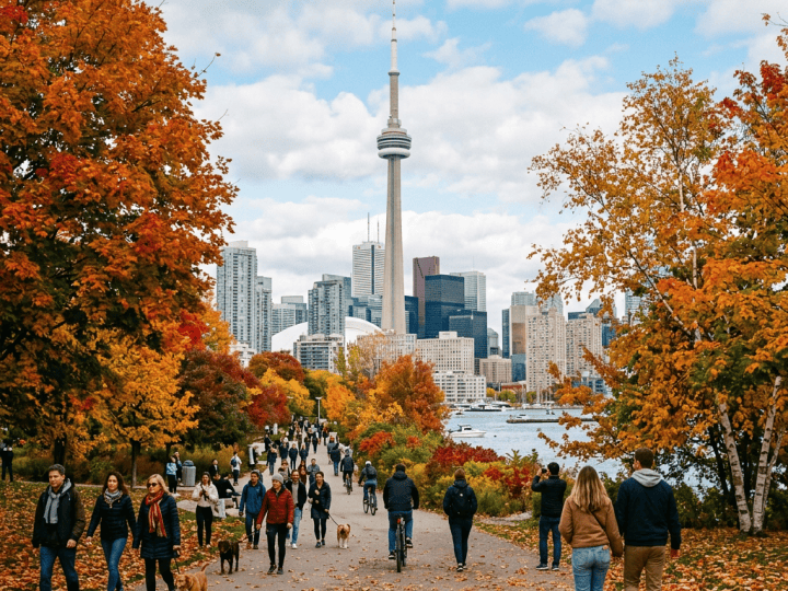Autumn park path with people, CN Tower, and Toronto skyline